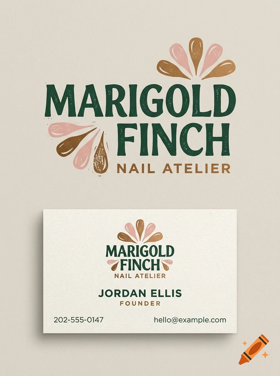 A business card and logo design for Marigold Finch Nail Atelier featuring a stylized floral or droplet emblem, green typography, and contact details.
