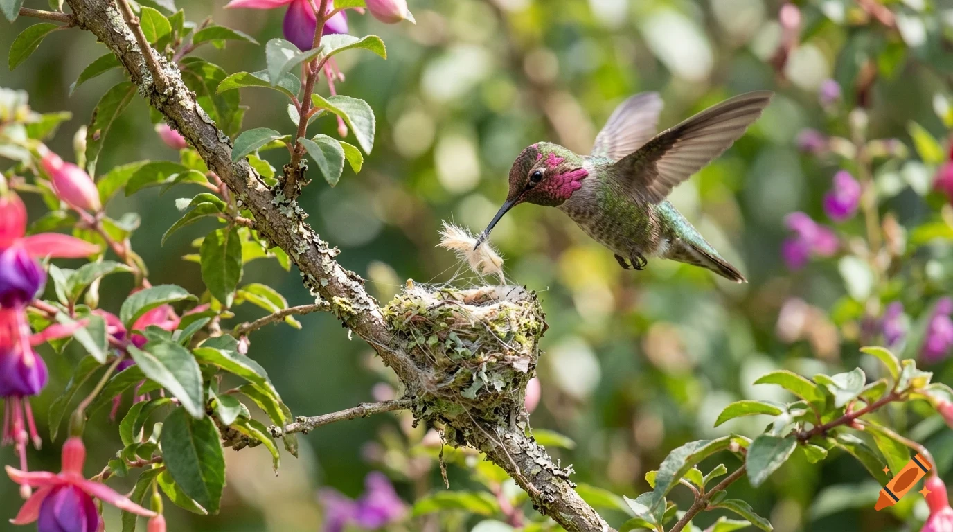 A hummingbird hovers near its small nest built on a branch among pink flowers.