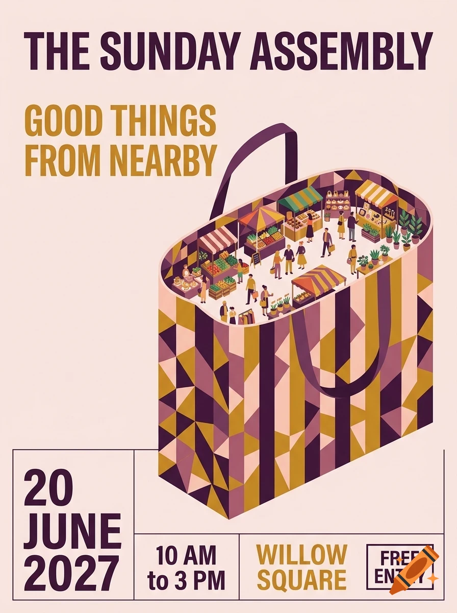An isometric poster advertising The Sunday Assembly with a market scene inside a large shopping bag.