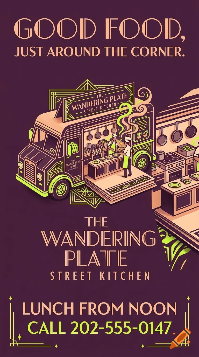 An illustrated poster for The Wandering Plate Street Kitchen featuring a food truck and cooks preparing food.