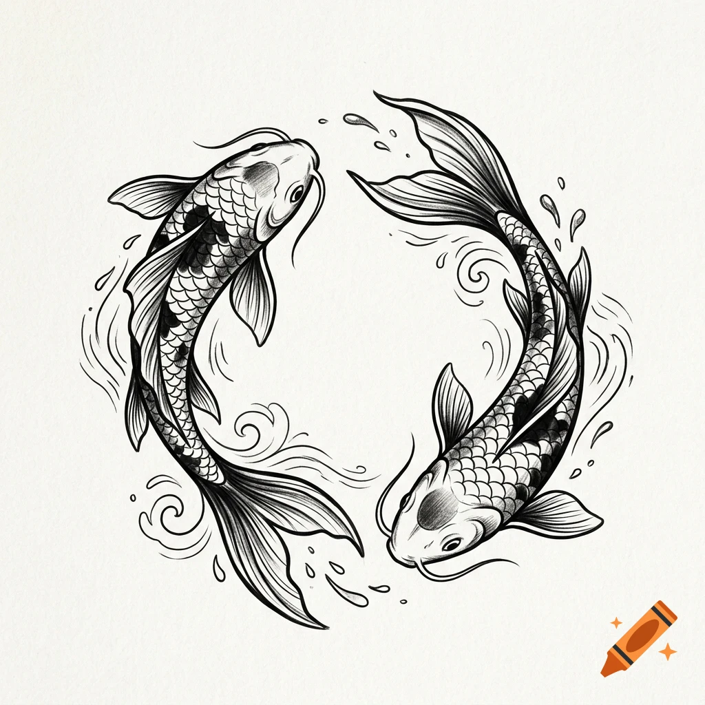 Black and white ink drawing of two koi fish swimming in a circle with water splashes.
