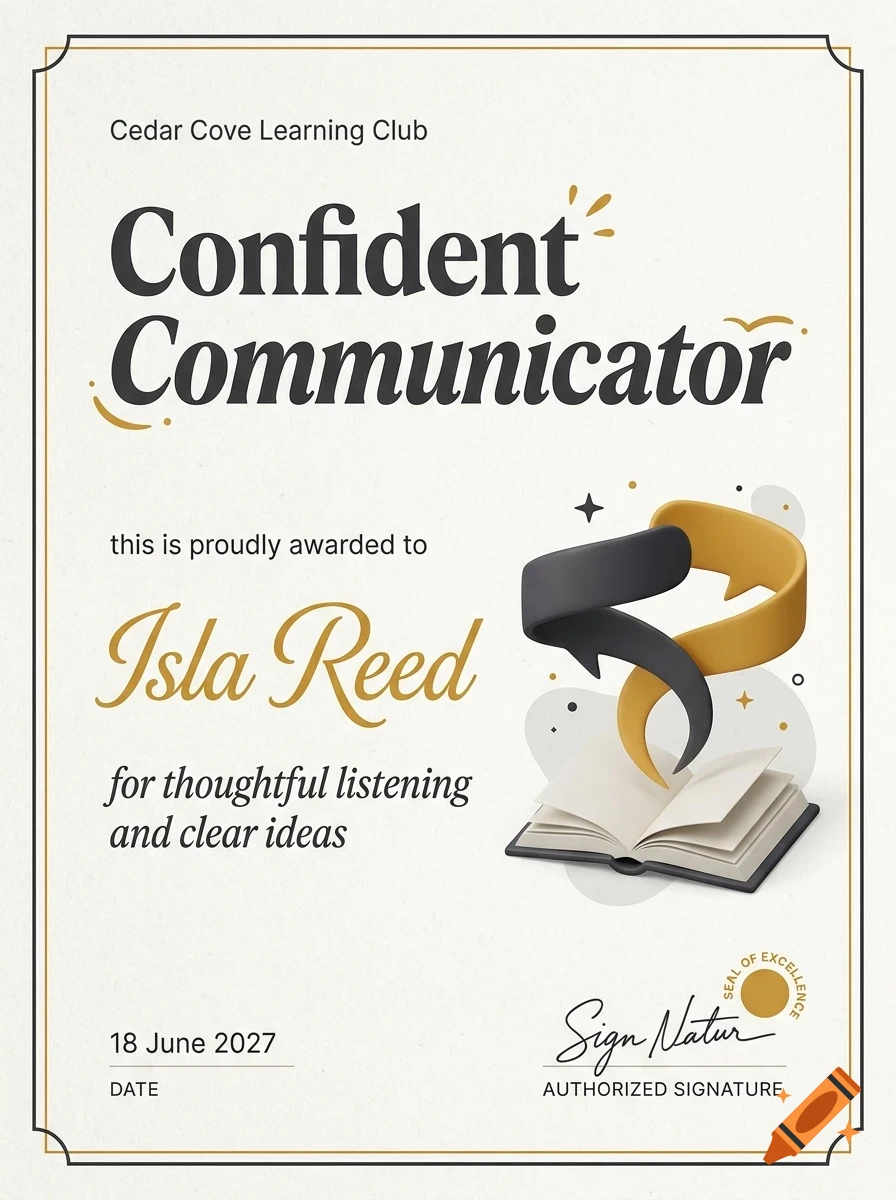An award certificate with the text Confident Communicator and an open book graphic with speech bubble ribbons.