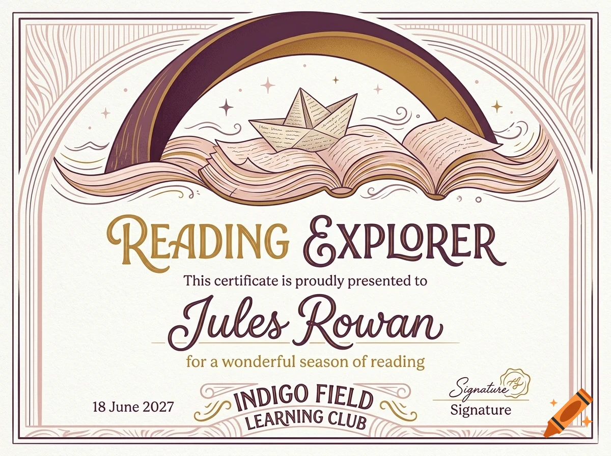 An ornate certificate with an illustration of an open book and a paper boat under an arched design, featuring the text Reading Explorer.