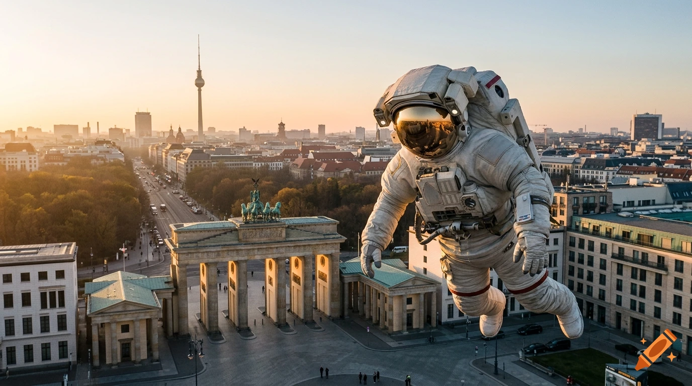 Photorealistic aerial view of Berlin featuring the Brandenburg Gate and an astronaut floating in the foreground at sunset.