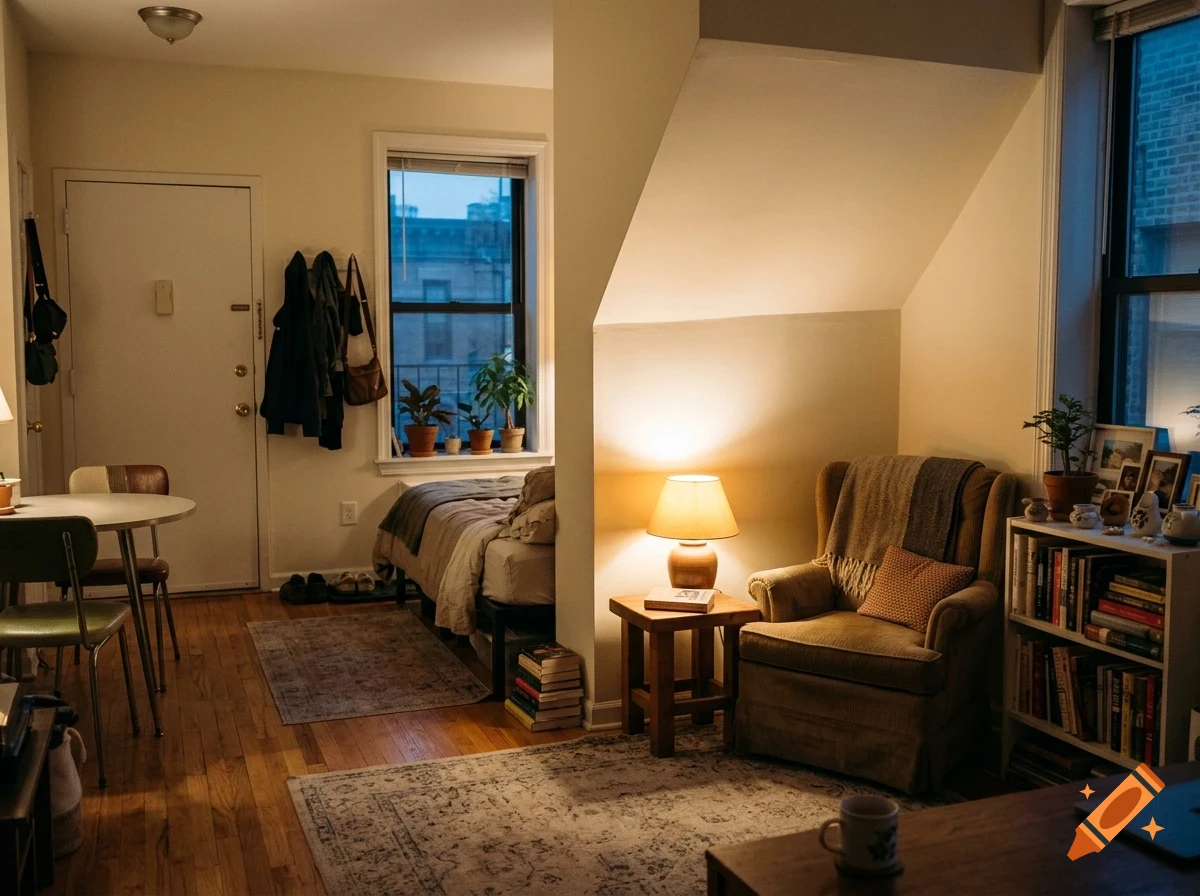 An interior shot of a cozy apartment living room and bedroom area with warm lighting, an armchair, a bookshelf, and a dining table.