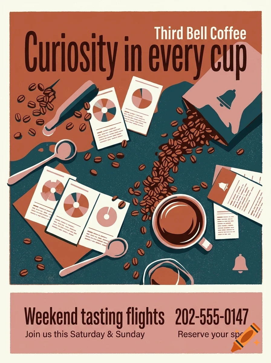 An illustrated top-down coffee shop poster featuring a cup of coffee, coffee beans, spoons, tasting cards, and text saying Third Bell Coffee.