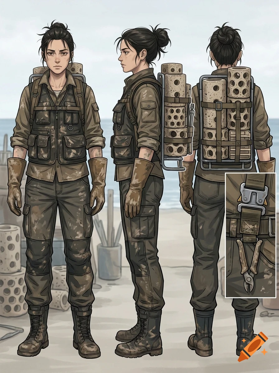 Character concept art showing front, side, and back views of a person in outdoor gear, with an inset of a tool attachment.