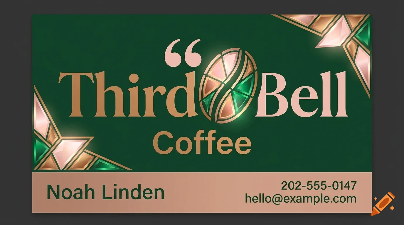 A business card design for Third Bell Coffee in green, pink, and gold tones.
