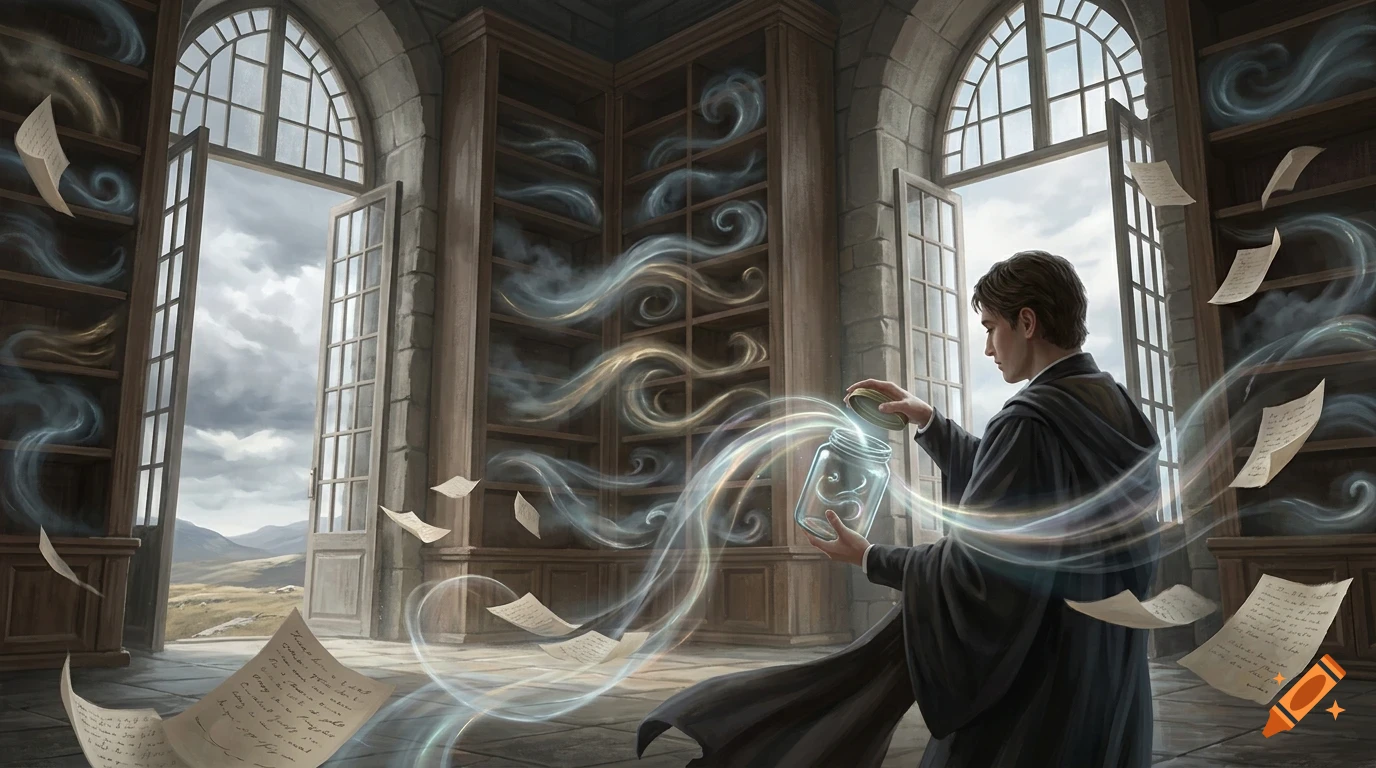 A young wizard in robes opens a glass jar inside a grand library, releasing glowing magical mist and floating papers.