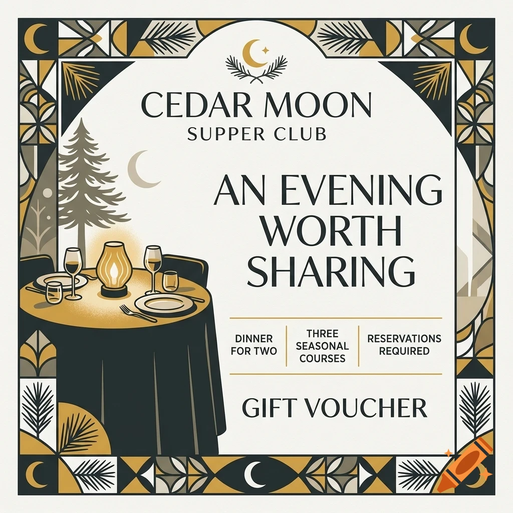 An illustrated gift voucher design for Cedar Moon Supper Club featuring a table set for two, crescent moons, and decorative pine borders.