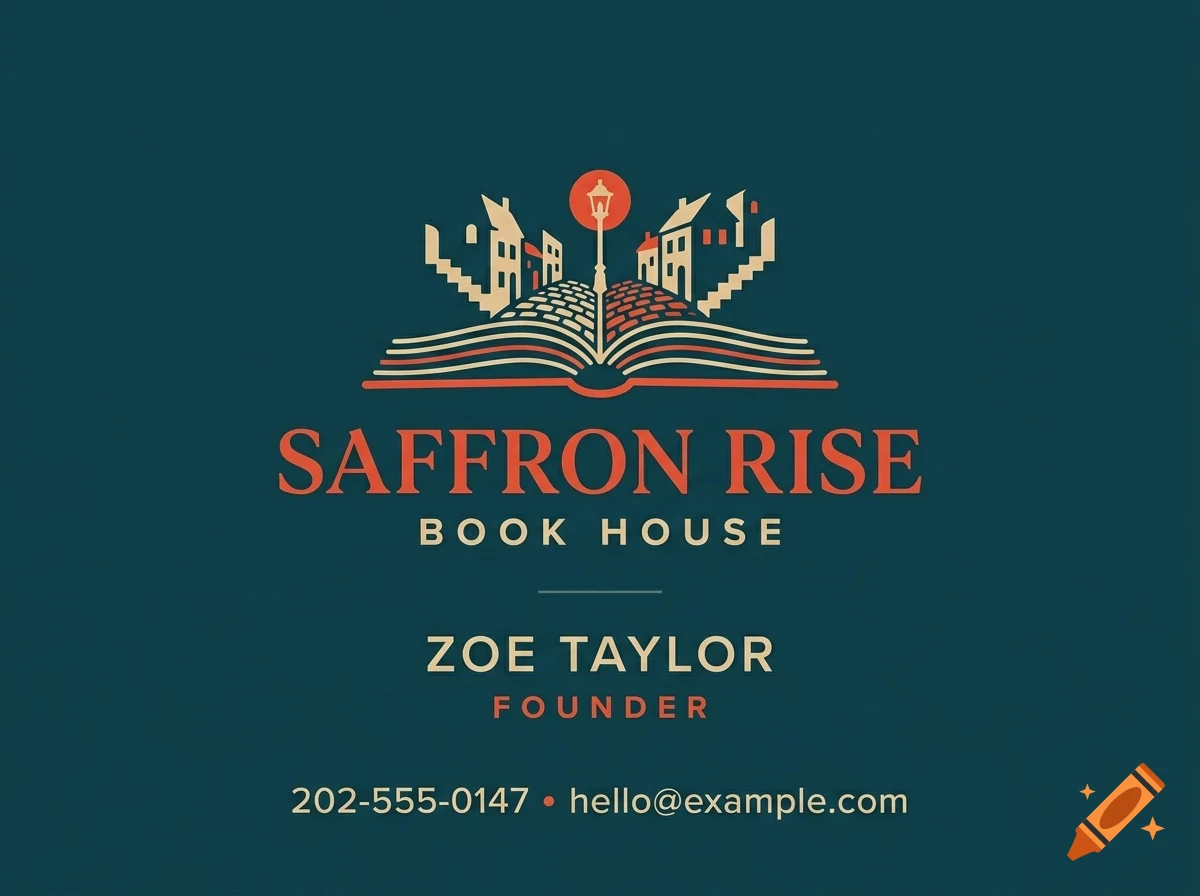 A business card with a dark teal background, featuring a logo of an open book forming a street with buildings, and the text SAFFRON RISE BOOK HOUSE, ZOE TAYLOR FOUNDER, and contact details.