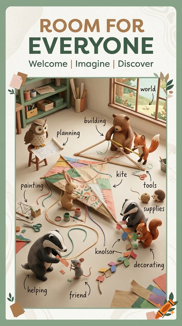 An illustrated scene featuring various toy animals building a large kite together, accompanied by text labels pointing to different elements.
