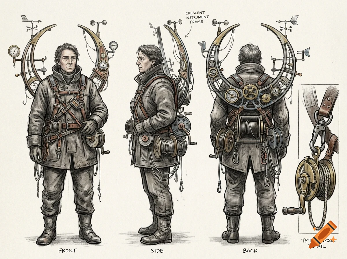 Character design sheet showing front, side, and back views of a person wearing a heavy coat and a complex backpack with a crescent instrument frame, gears, and tether spools, rendered in an ink and pencil illustration style.