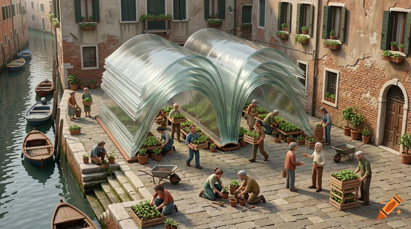 An aerial view of a canal street in Venice with people tending to potted plants and open-air curved glass structures.