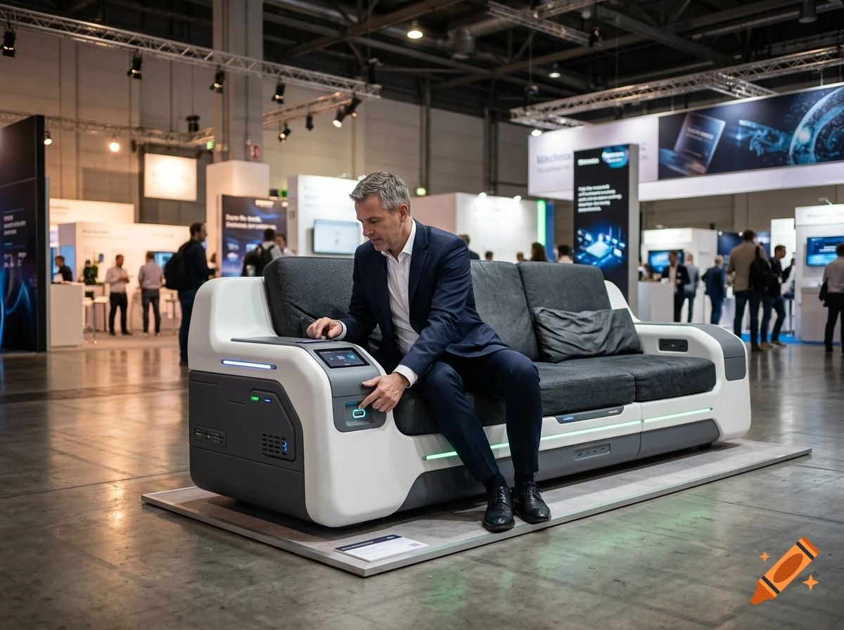 A man in a suit sitting on a futuristic USB-enabled sofa in a large exhibition hall, photorealistic.