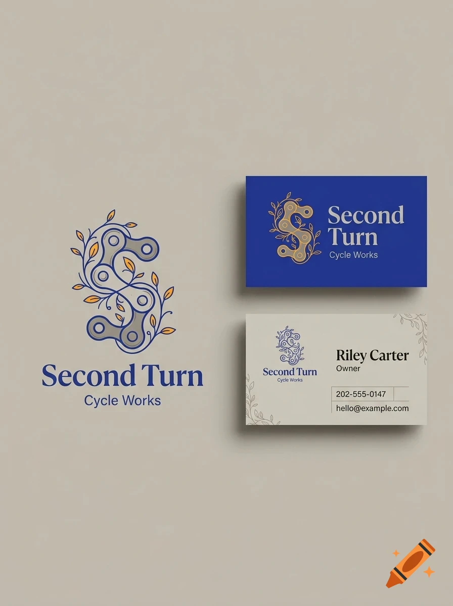 Branding mockup displaying a logo with a bicycle chain shaped like an S intertwined with vines, alongside two business cards.