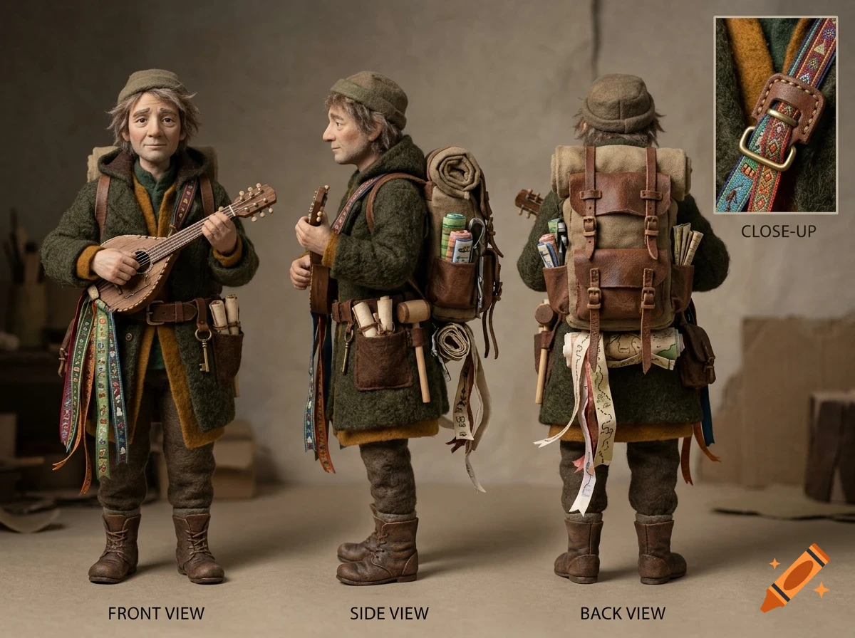 Character design sheet showing front, side, and back views of a handmade doll of a traveler with a backpack and lute, plus a close-up detail.
