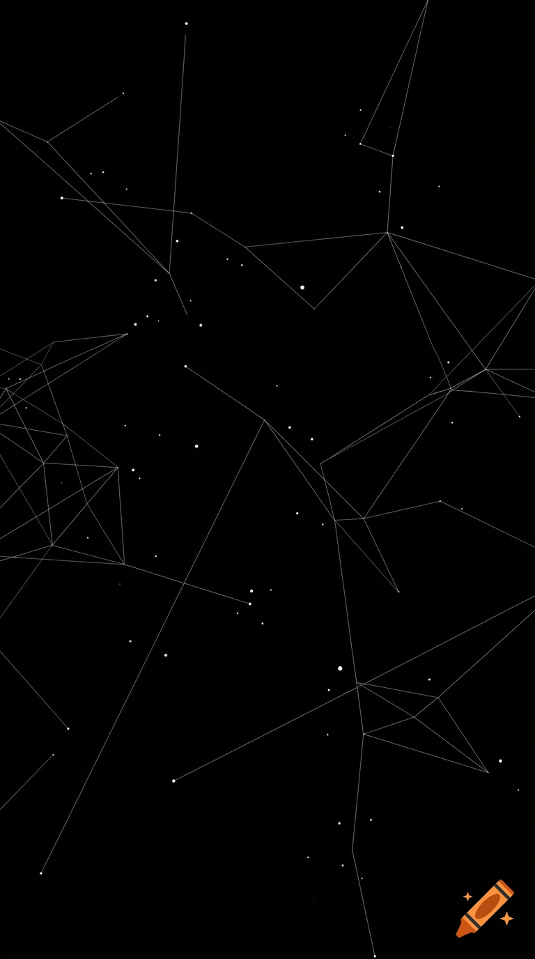Minimalist digital art with thin white connecting lines and glowing dots on a solid black background.