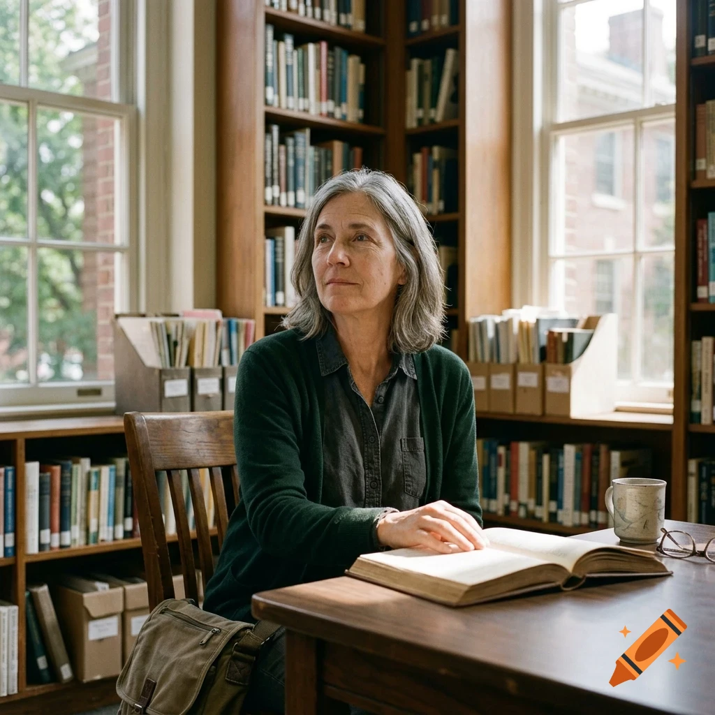 An older woman with gray hair sits at a wooden desk in a library, looking away thoughtfully while resting her hand on an open book.