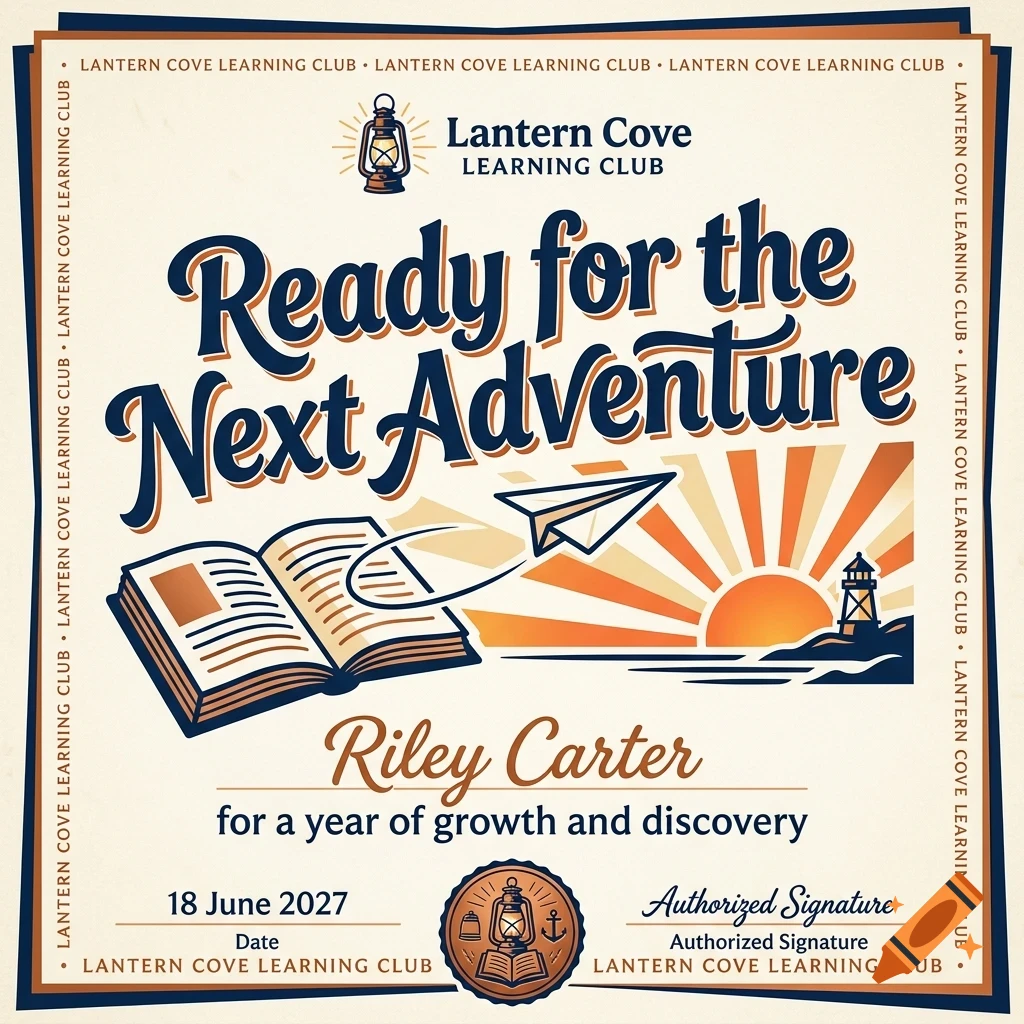 An illustrated certificate or greeting card featuring an open book, a paper airplane, a sunrise or sunset over water with a lighthouse, and prominent lettering reading Ready for the Next Adventure.