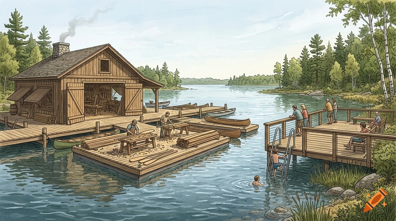 An illustrated lakeside scene featuring a wooden boathouse where carpenters build canoes, with people on a nearby viewing deck and swimming.