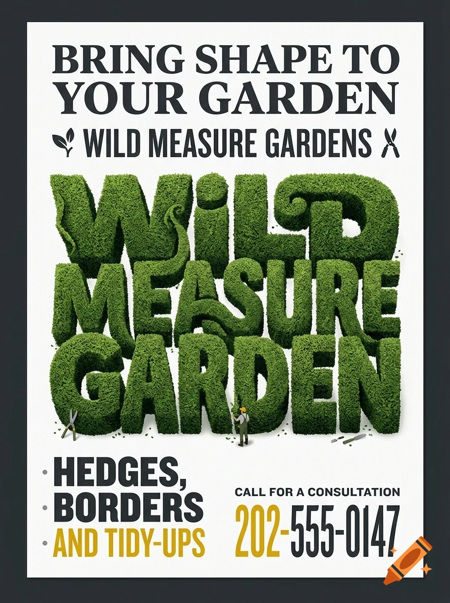 An advertisement poster featuring large topiary letters spelling WILD MEASURE GARDEN, with text above and below including a phone number.