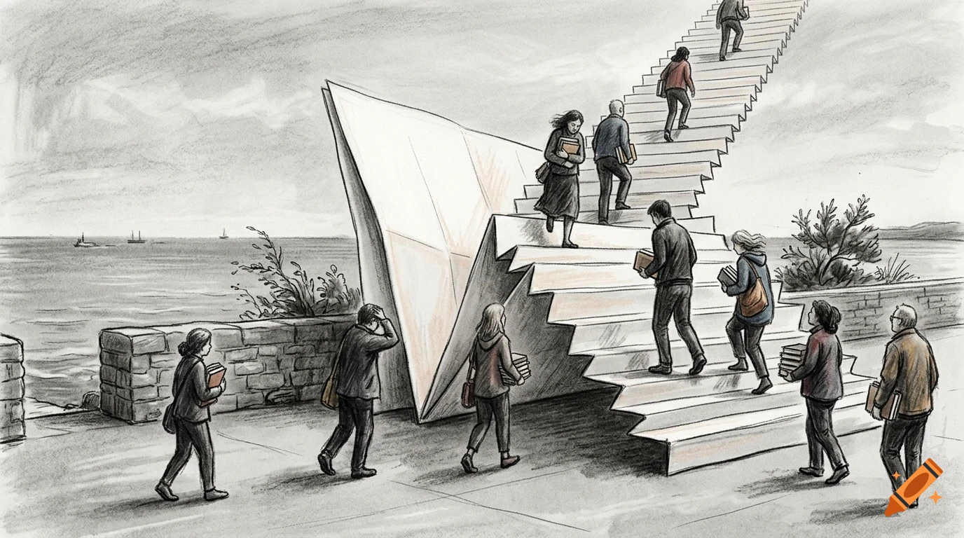 An ink and pencil drawing showing multiple people carrying books and walking up a massive set of outdoor stairs shaped like an open book near the sea.