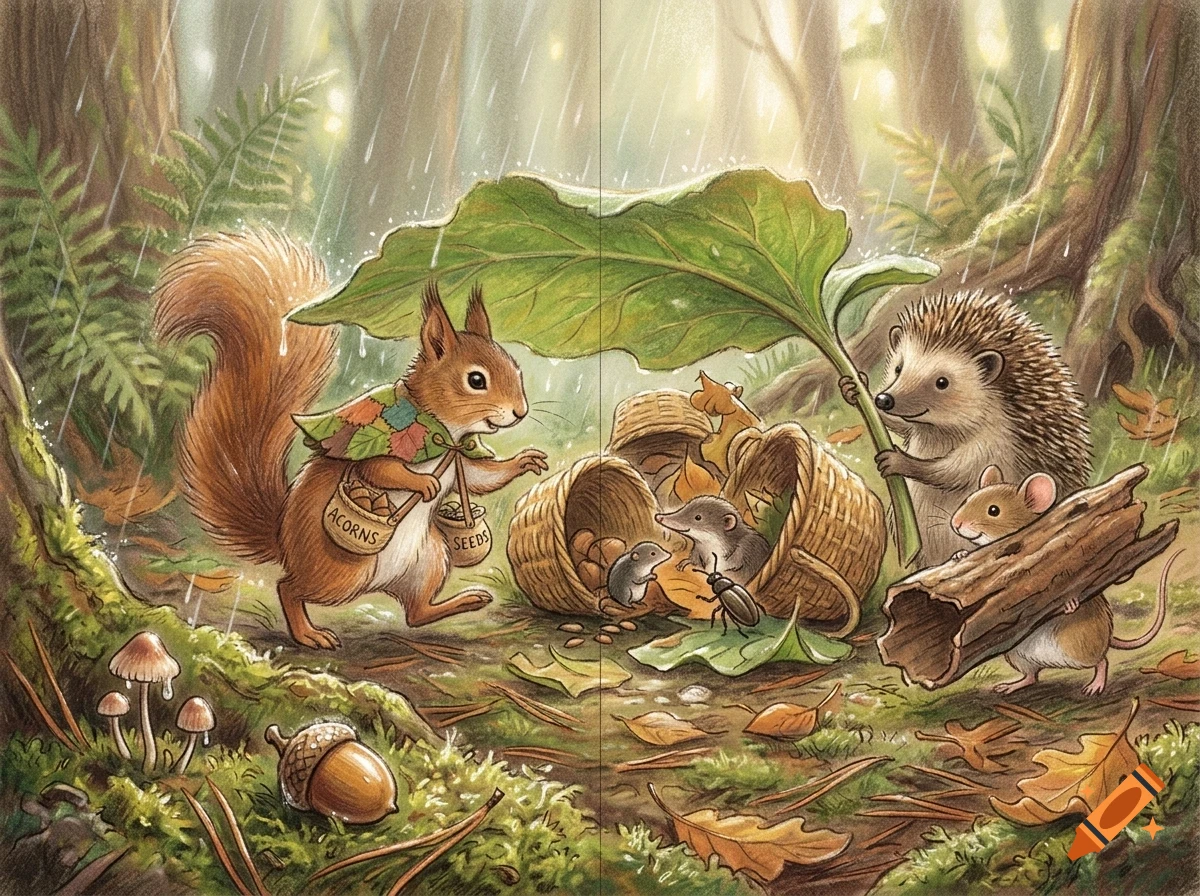 An illustrated woodland scene in the rain featuring a squirrel in a cape, a hedgehog holding a giant leaf, a mouse carrying a hollow log, and tiny animals near fallen baskets of acorns.