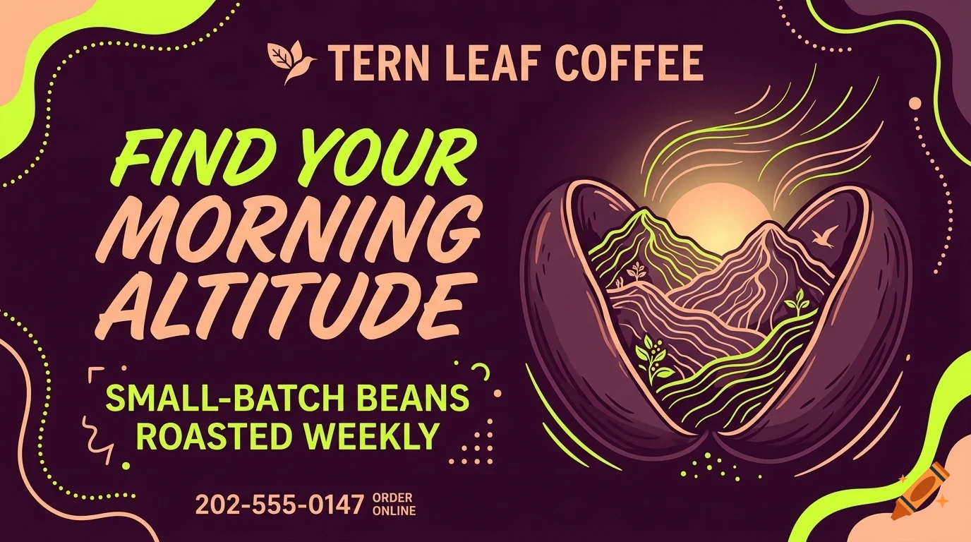 An advertisement for Tern Leaf Coffee featuring stylized mountains rising from a coffee bean with the text 'FIND YOUR MORNING ALTITUDE'.