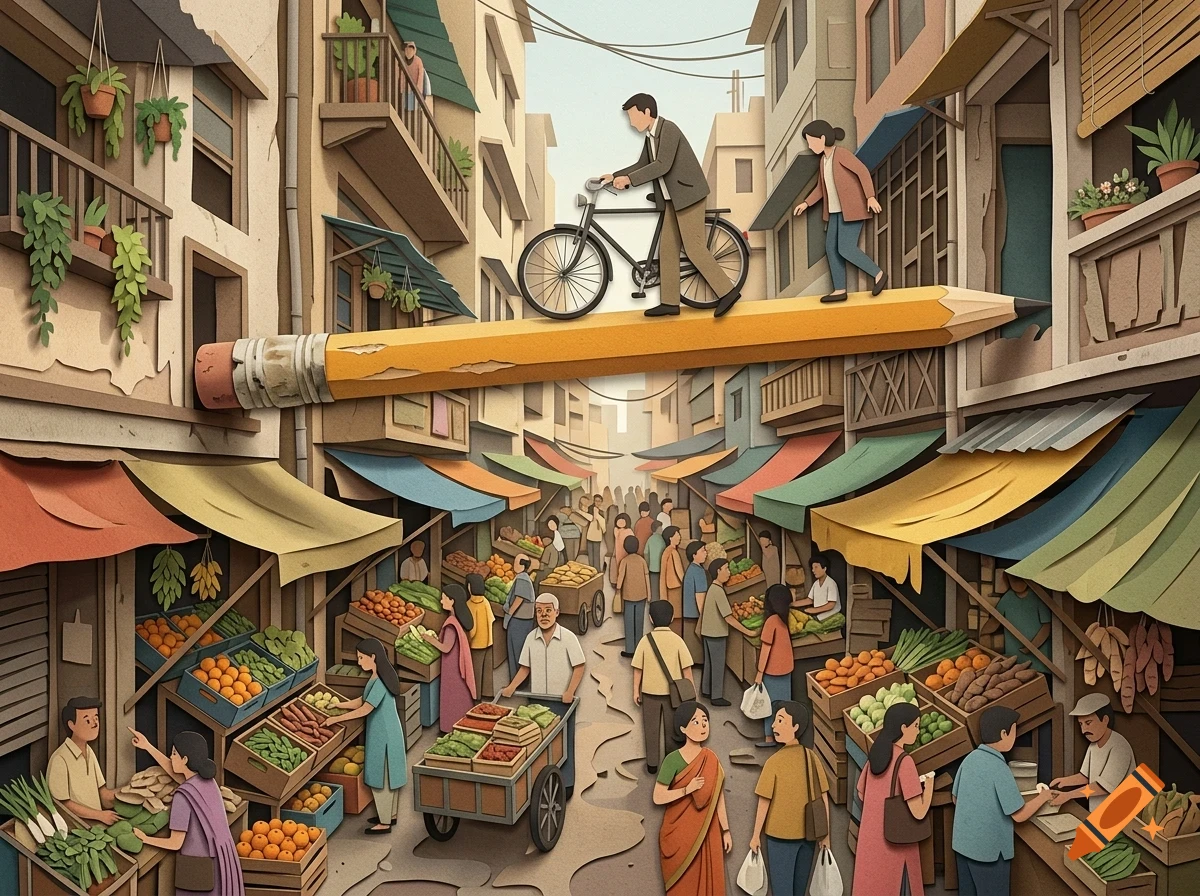 An illustration of a bustling marketplace with people shopping, while a giant pencil bridges across the narrow street, carrying a man on a bicycle and another walking.