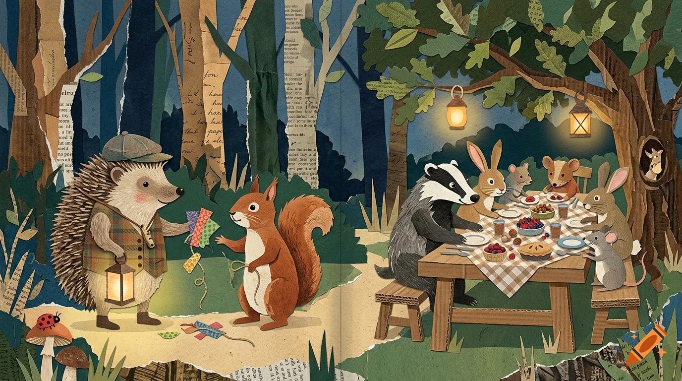A collage-style illustration of forest animals gathered together in a woodland setting at night, with a hedgehog and squirrel holding paper crafts on the left and a badger, rabbits, and mice having a picnic at a table under a tree with lanterns on the right.