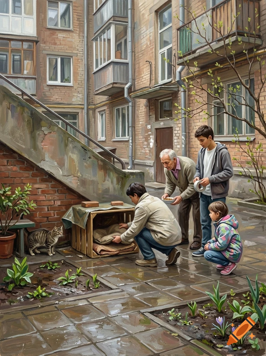 An older man, a younger man, a teenager, and a young girl caring for a stray cat by placing a bed inside a wooden crate in an urban courtyard.