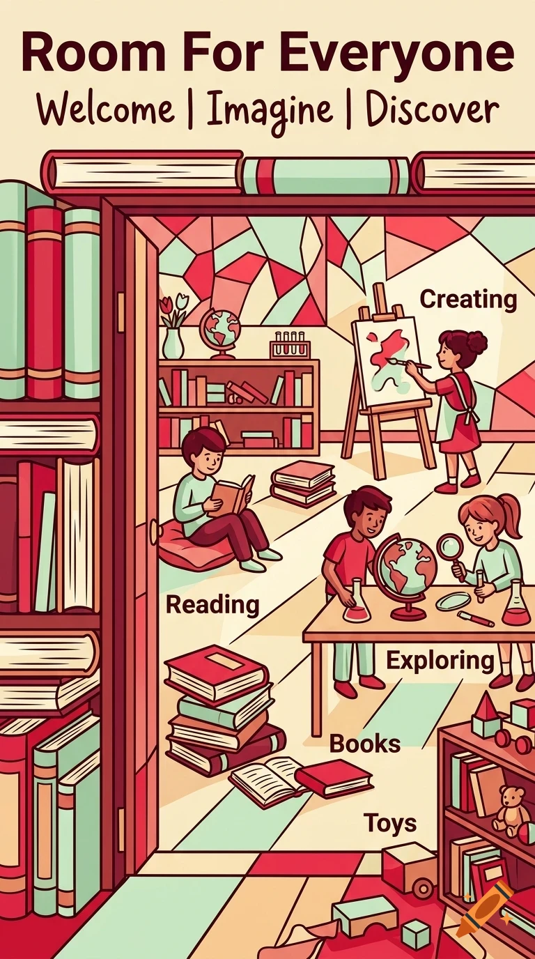 An illustrated classroom scene with children reading, painting, and exploring science, accompanied by text reading 'Room For Everyone'.