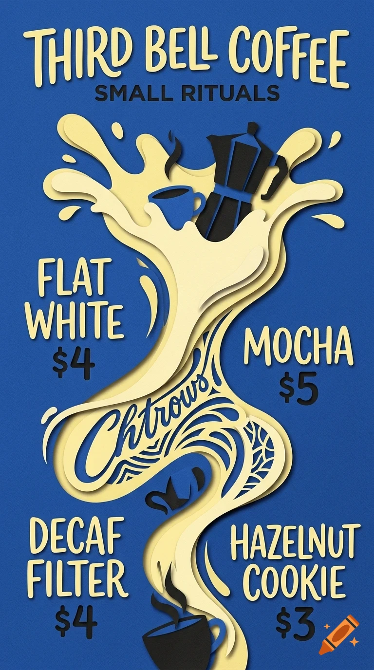 A coffee shop menu poster titled Third Bell Coffee with paper cut style graphics of a coffee pot, cups, and splashes.