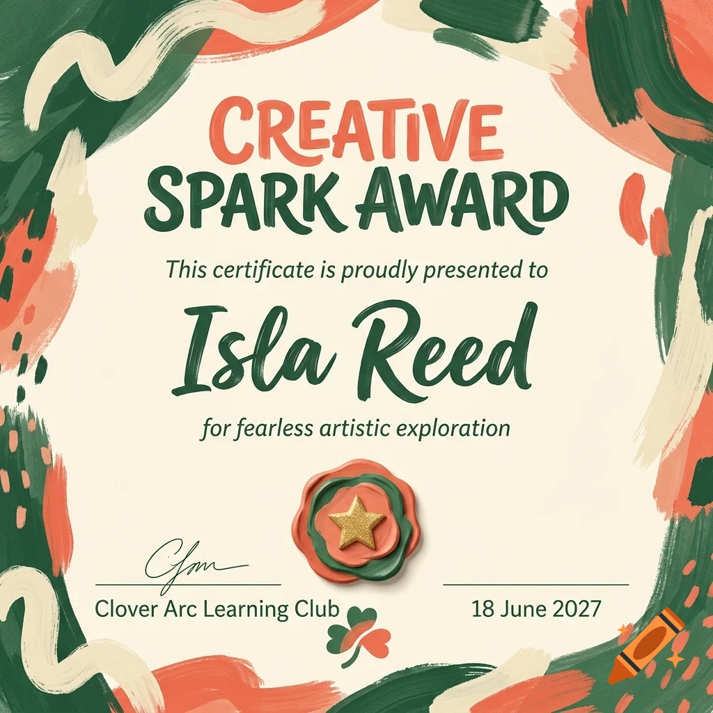 An award certificate featuring text reading Creative Spark Award presented to Isla Reed, framed by painted brush strokes in green, orange, and cream.