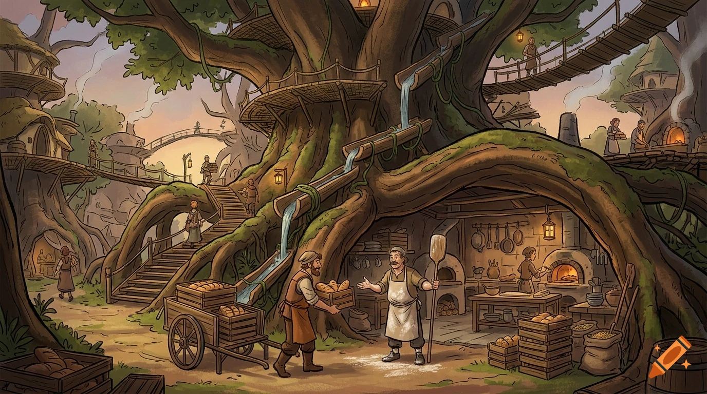 An illustrated village built into massive ancient trees with wooden platforms, rope bridges, water troughs, and people working in bakeries and homes.