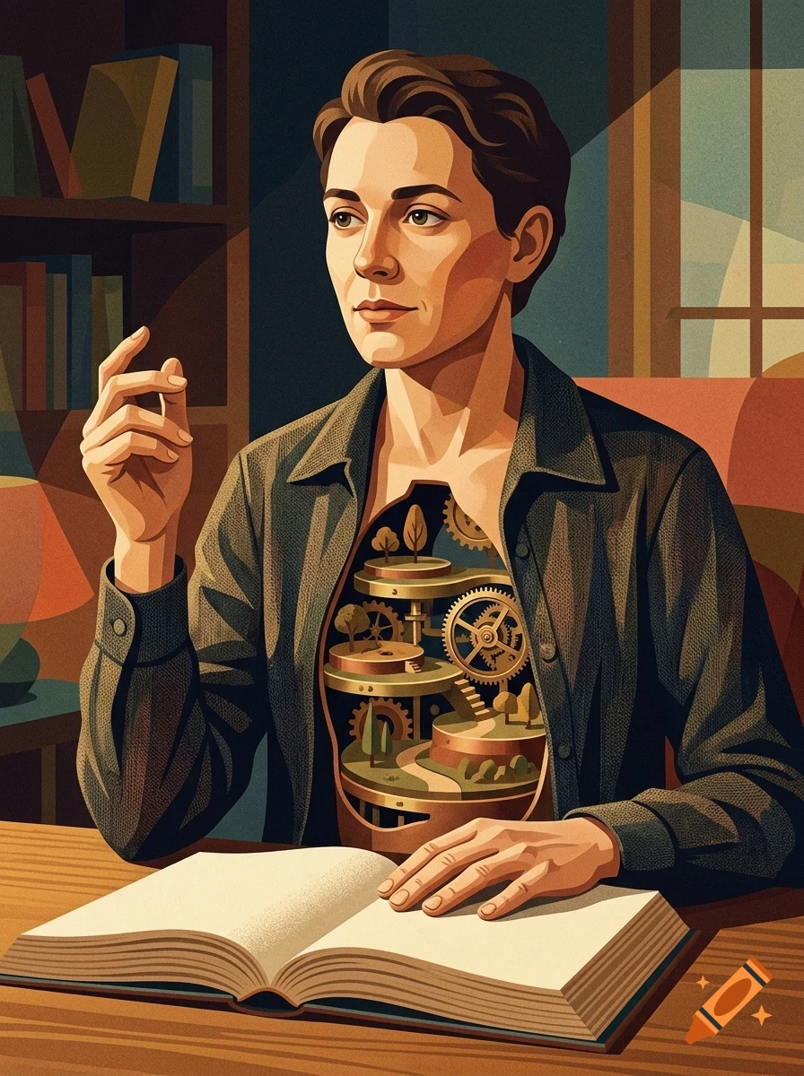 An illustrated portrait of a person sitting at a desk with an open book, revealing a miniature landscape with gears and trees inside their open chest.