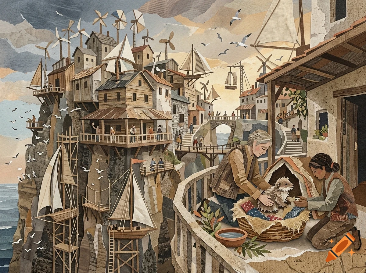 A detailed collage illustration of a coastal village built on cliffs with winding pathways, houses, boats, and two people tending to an animal in a basket.