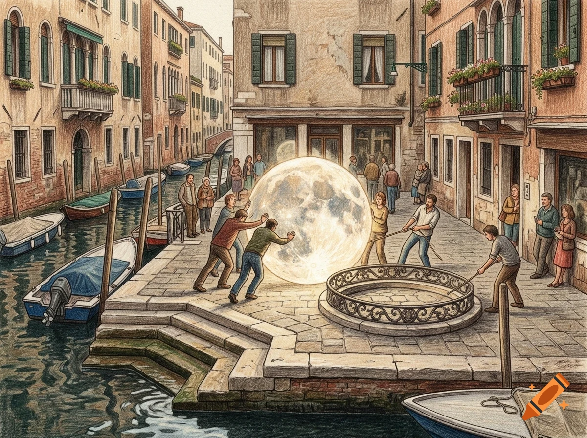 An illustrated view of people rolling a giant glowing moon along a cobblestone canal street in Venice, with boats docked in the water.