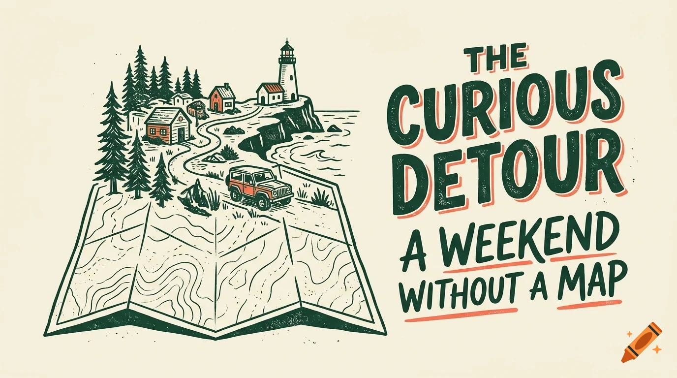 An illustrated map unfolds to reveal a coastal village with a lighthouse, pine trees, and a car driving along a winding road, accompanied by bold lettering that reads THE CURIOUS DETOUR A WEEKEND WITHOUT A MAP.