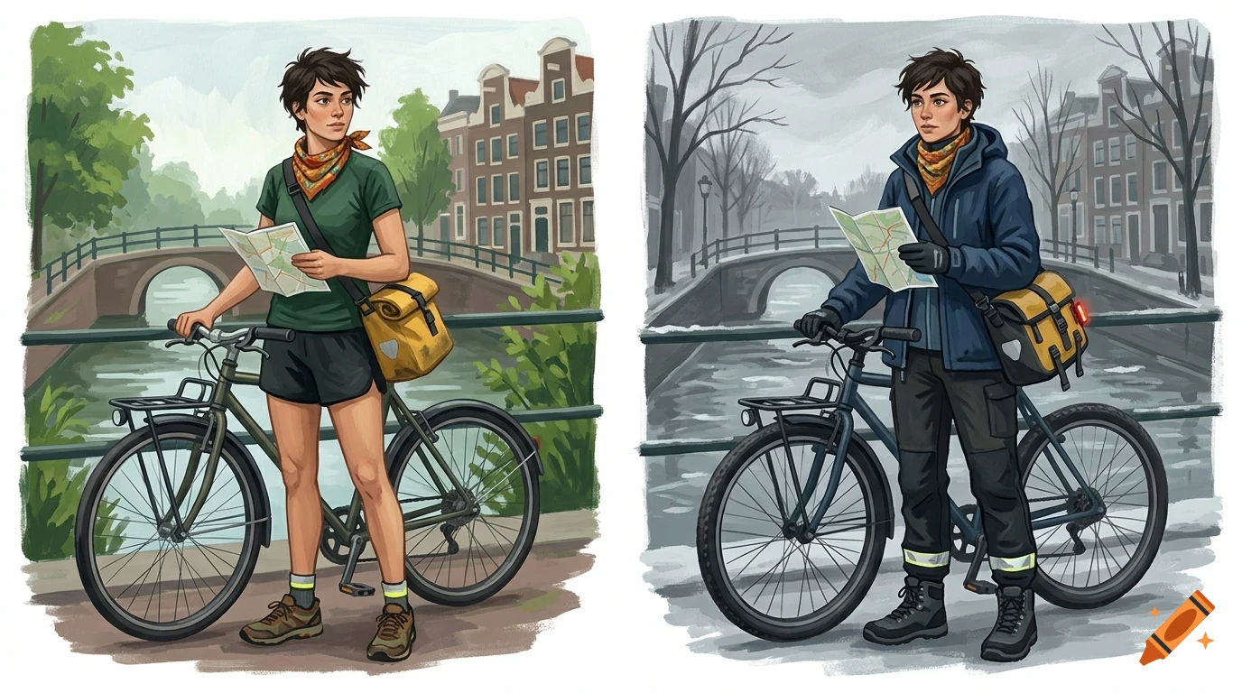 Illustration comparing a person with a bicycle by a canal in warm and cold weather settings.