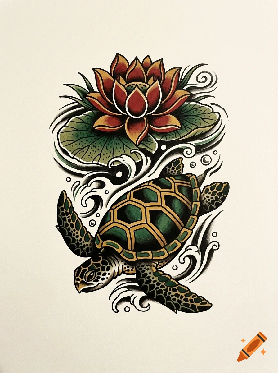 An illustration of a sea turtle swimming beneath a lotus flower and lily pad with swirling water currents.