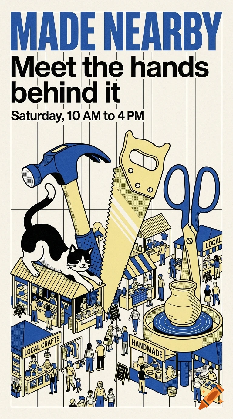 An illustrated poster with blue, yellow, and black graphics showing tools, a cat, and market stalls with people, featuring the text Made Nearby.
