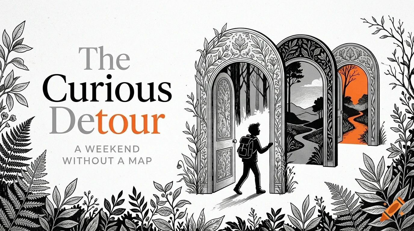 An illustration of a young person with a backpack walking through an ornate arched doorway into a landscape, alongside text reading 'The Curious Detour A Weekend Without A Map'.