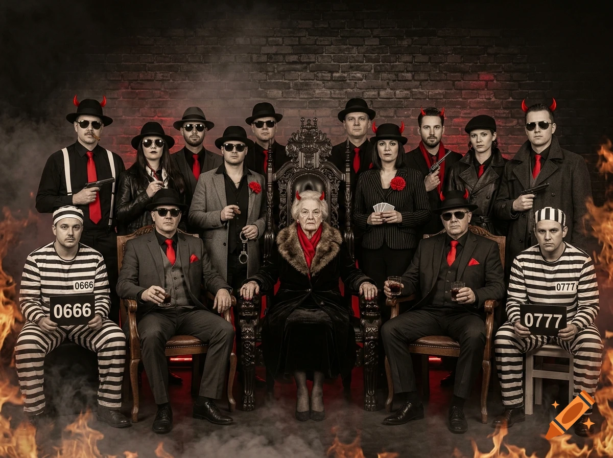 Photorealistic mafia family portrait with a grandmother in the center wearing red devil horns, surrounded by gangsters and prisoners.