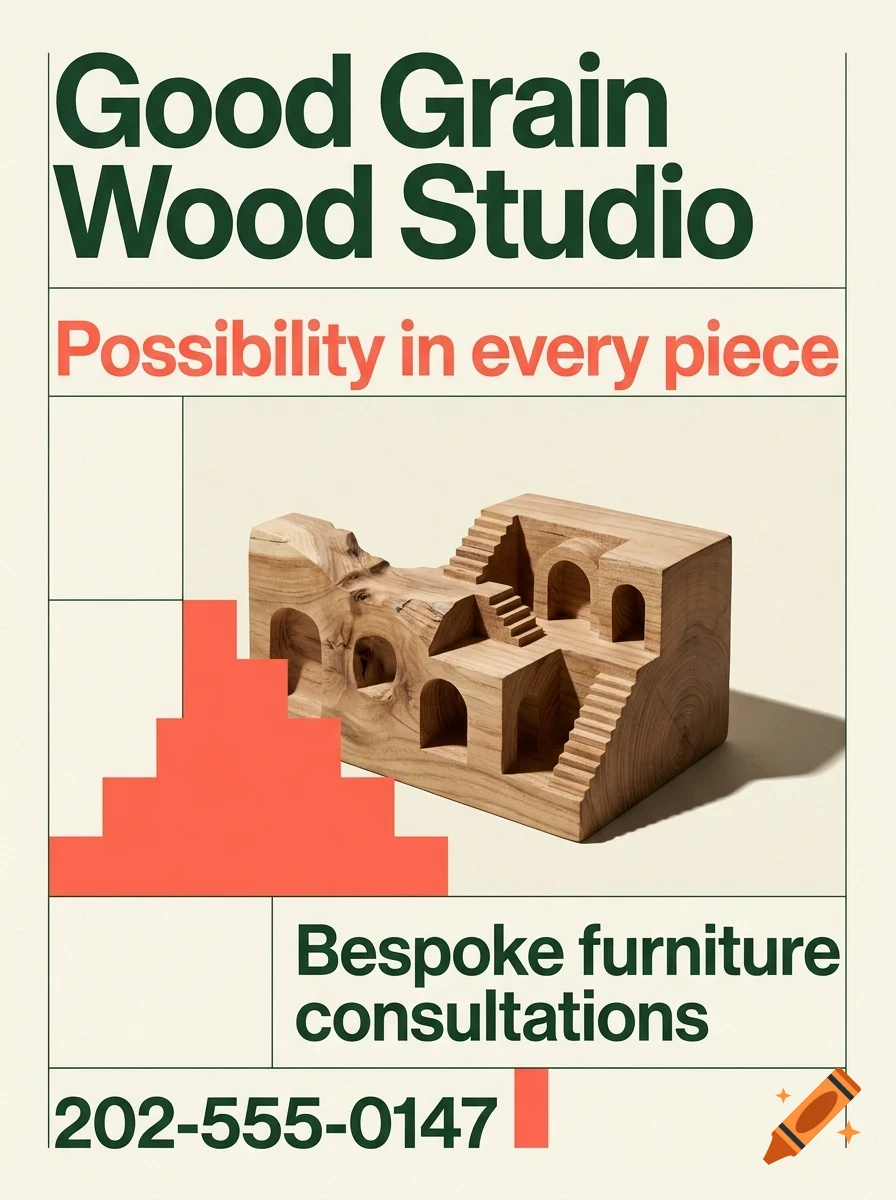 A poster for Good Grain Wood Studio featuring a carved wooden architectural sculpture and text against a grid background.
