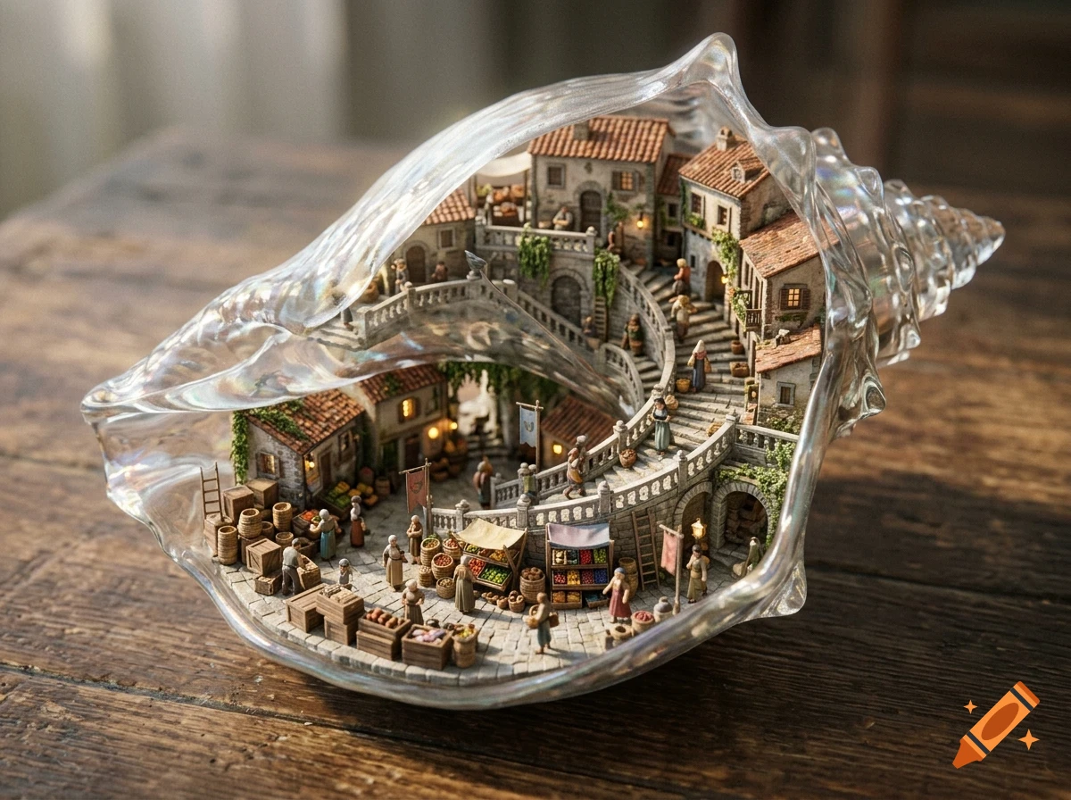 A miniature medieval village built inside a large, hollowed-out glass seashell on a wooden table.