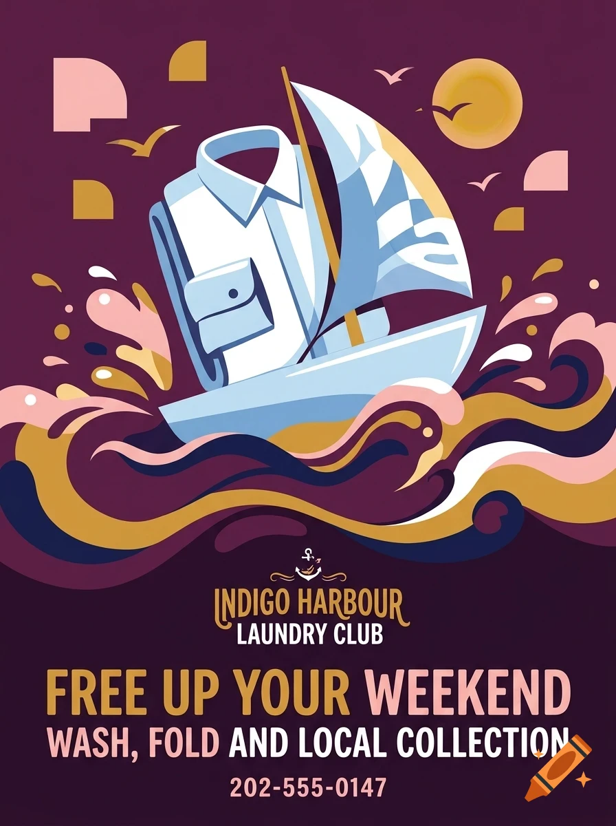 An illustrated poster depicting a folded white shirt as a sail on a small boat navigating stylized waves, with text for Indigo Harbour Laundry Club.