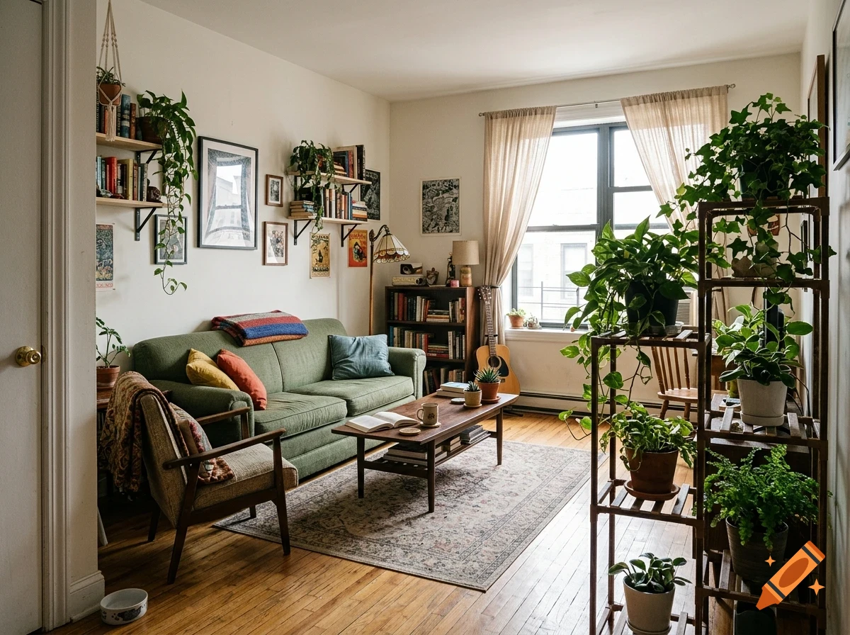 A cozy living room filled with green plants, a green sofa, wooden furniture, and a window with sheer curtains.