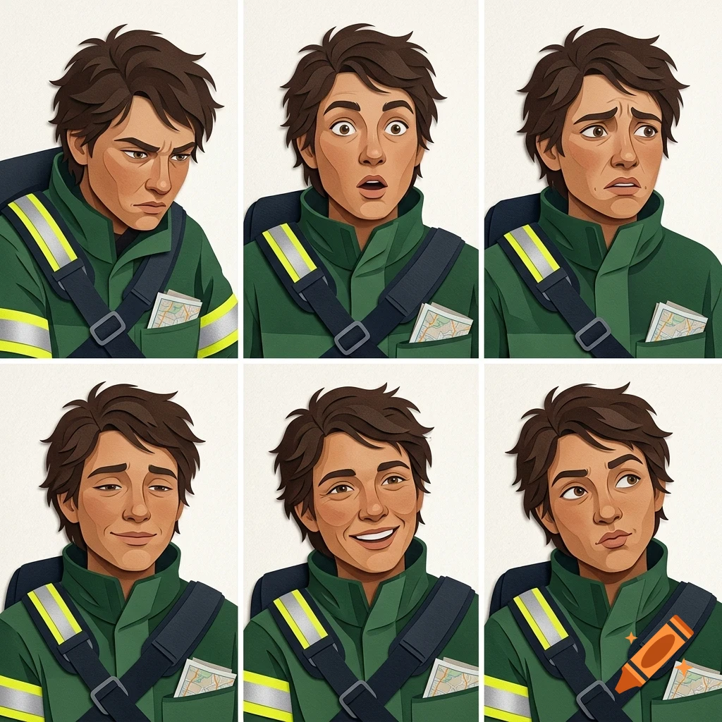 A character sheet showing a young man with brown hair and a green uniform displaying six different facial expressions.